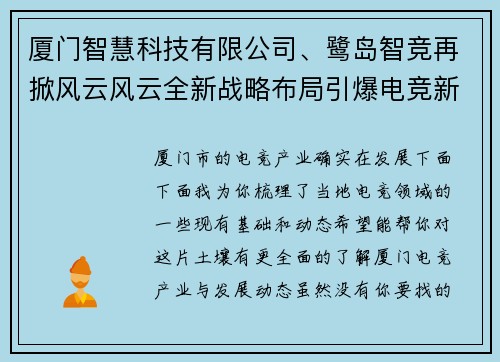 厦门智慧科技有限公司、鹭岛智竞再掀风云风云全新战略布局引爆电竞新纪元